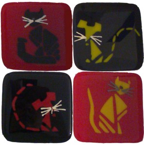set of four coasters with cats and mice design
