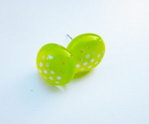 studs with bright green opal glass and dichroic dots